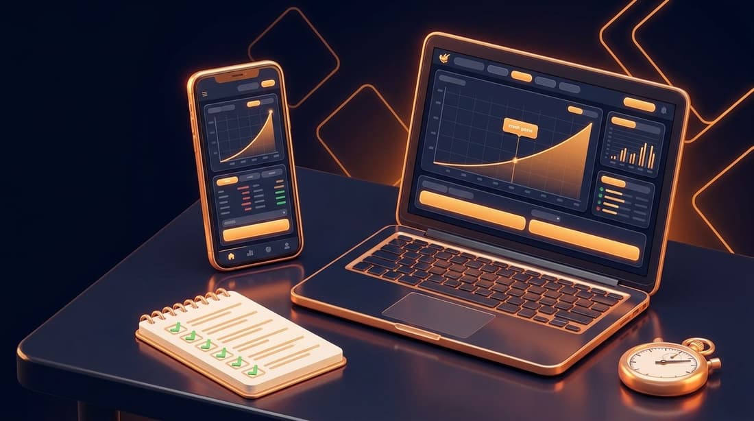 Setup di test di Chicken Road: smartphone e laptop con grafici e checklist